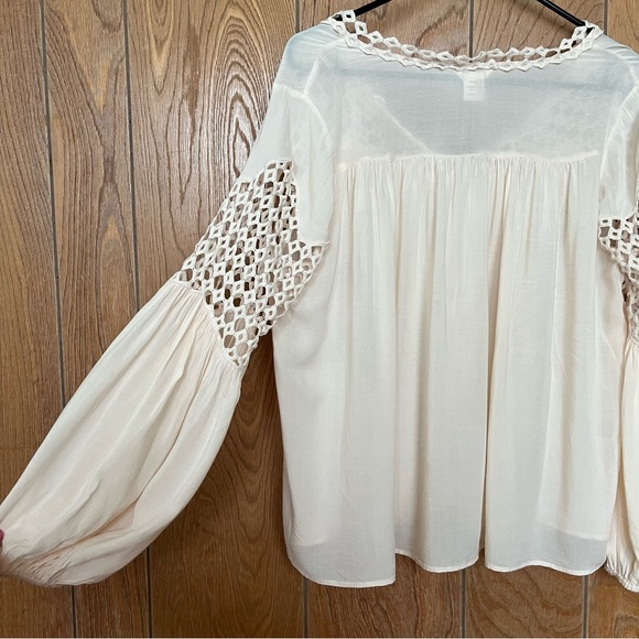 Sundance Romantic Boho Long Sleeve Button Front Open Knit Details Peasant Blouse - Picture 7 of 14